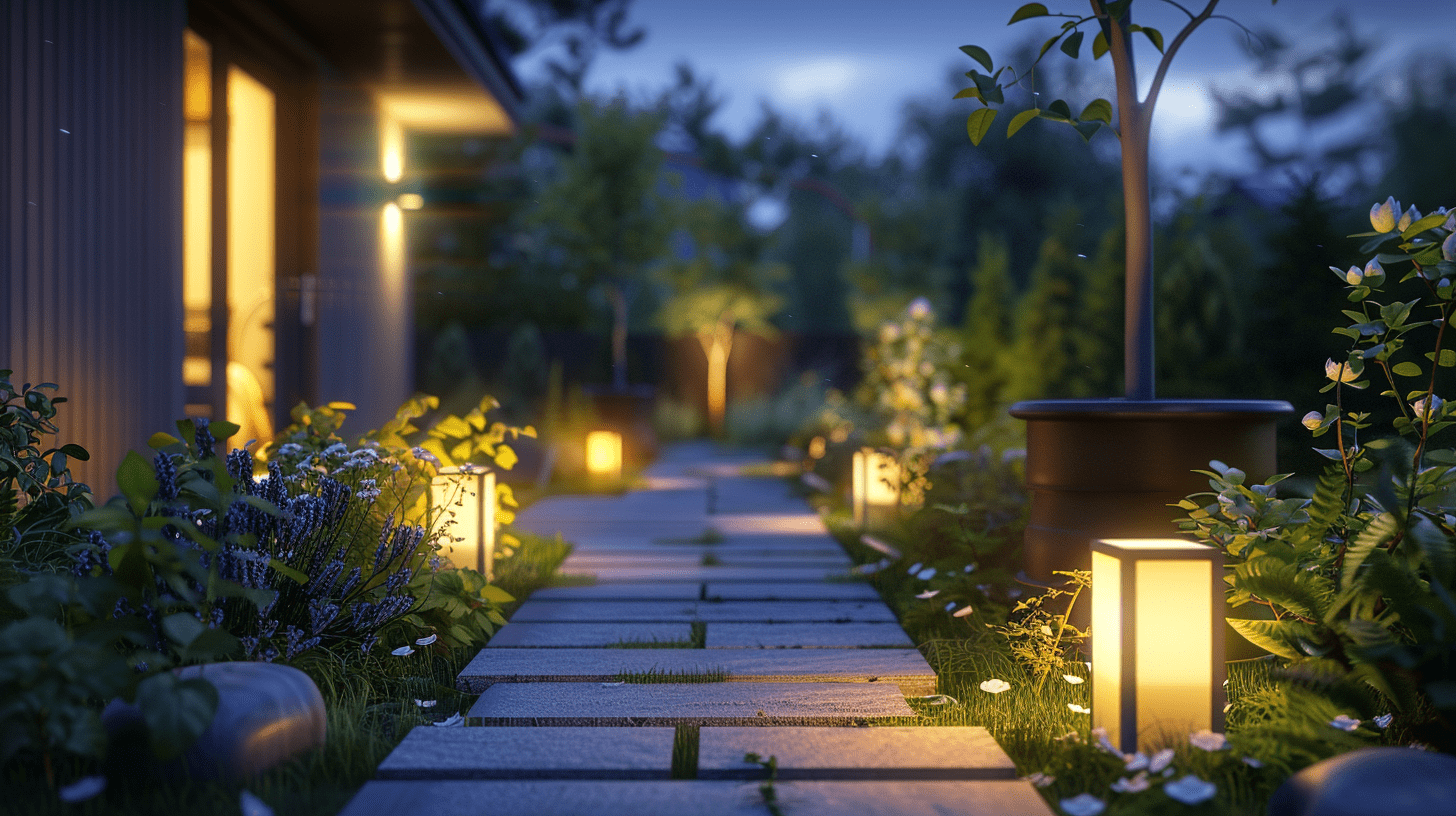 Une belle allée de jardin moderne de nuit, éclairée avec des spots lumineux électriques