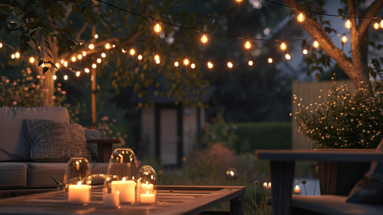 Des guirlandes lumineuses sur une terrasse, la nuit