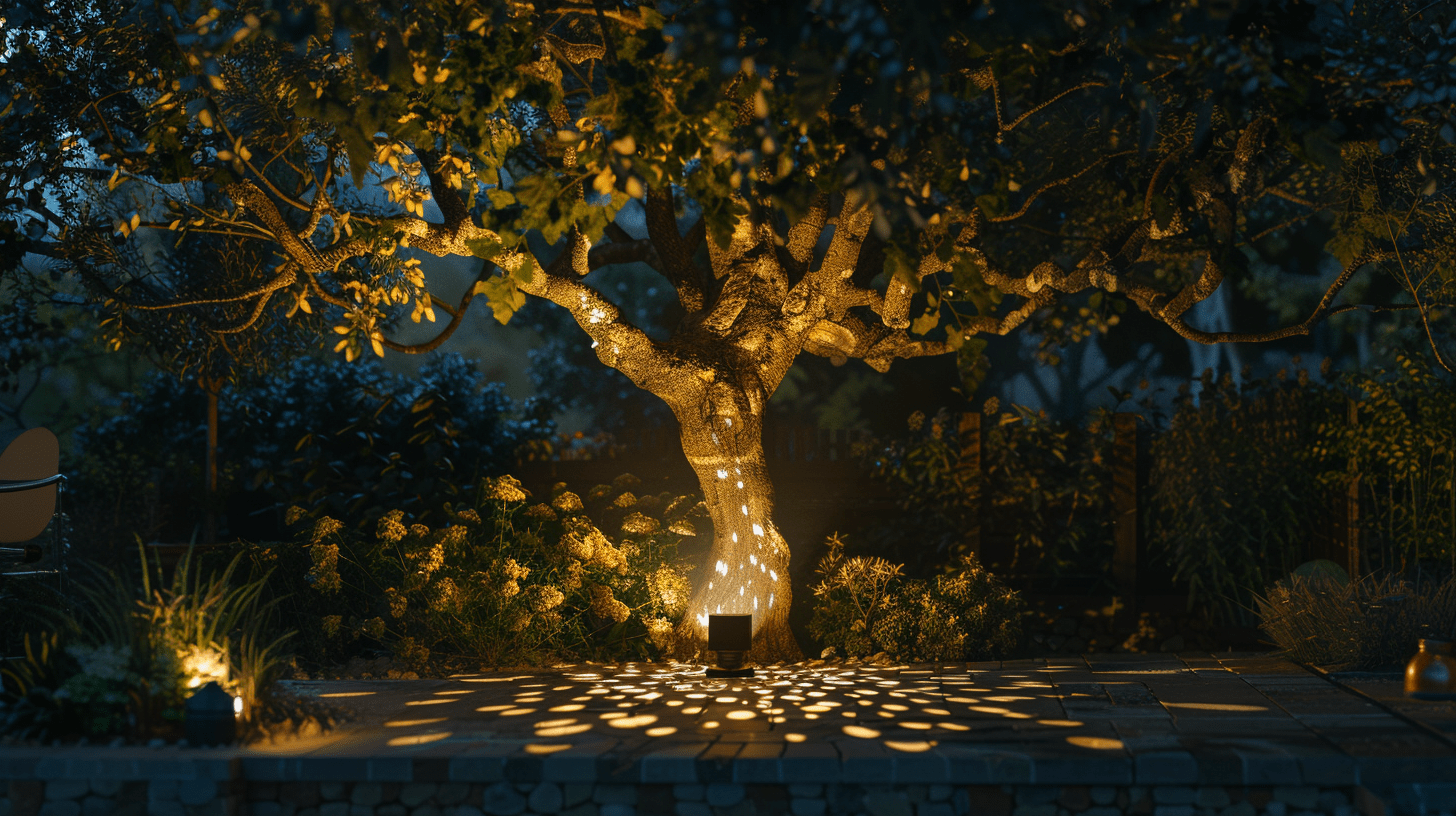 Un projecteur installée au sol avec des motifs met en valeur un bel arbre de nuit