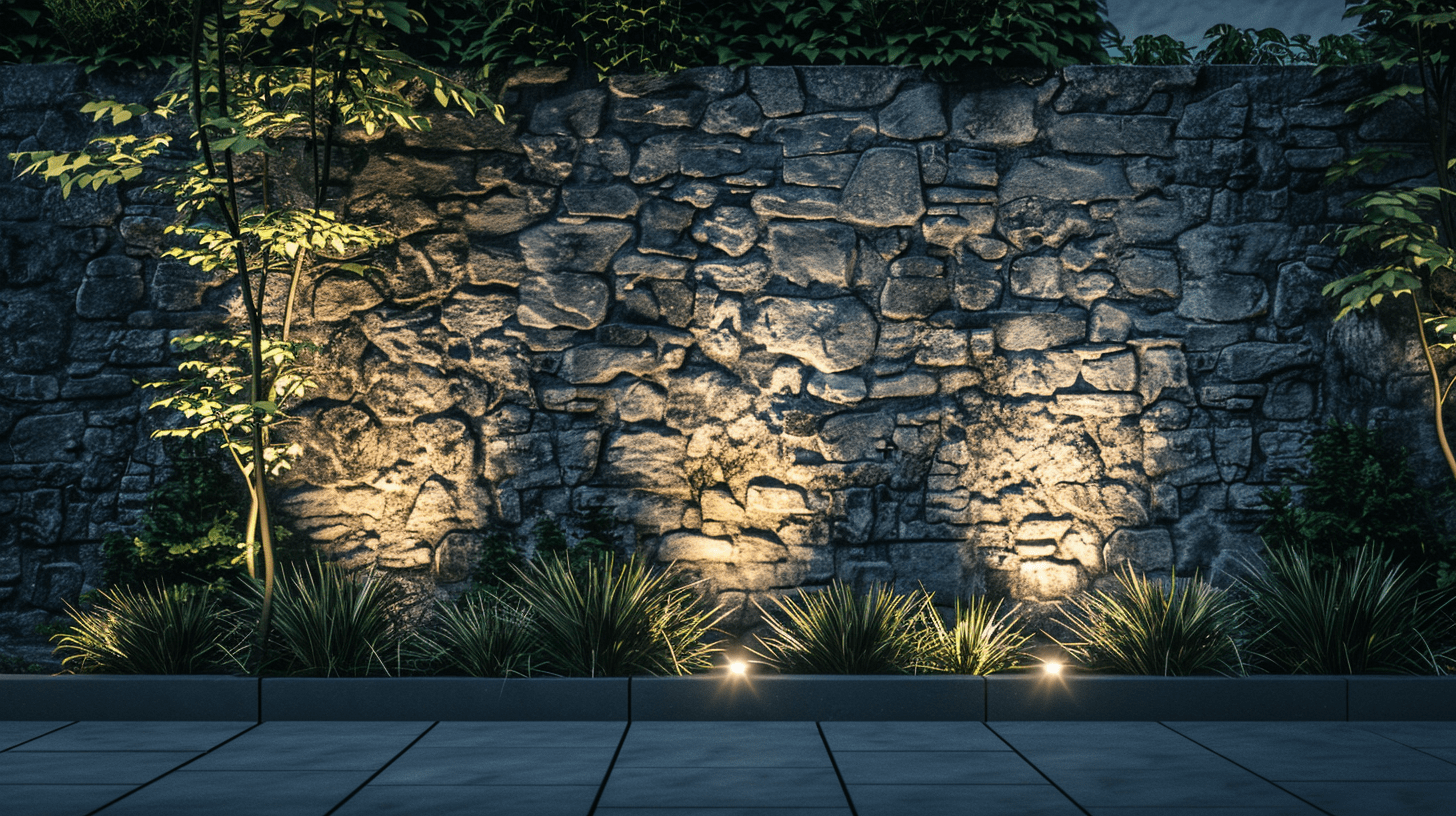 Des spots encastrés au sol éclairent un mur en pierre dans un jardin