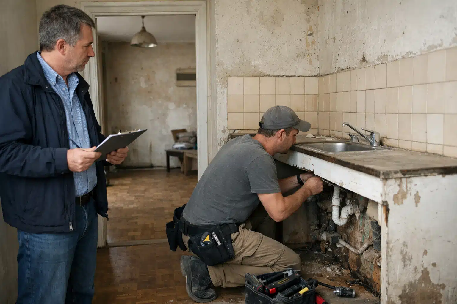 Plombier réparant un évier pendant qu'un homme supervise