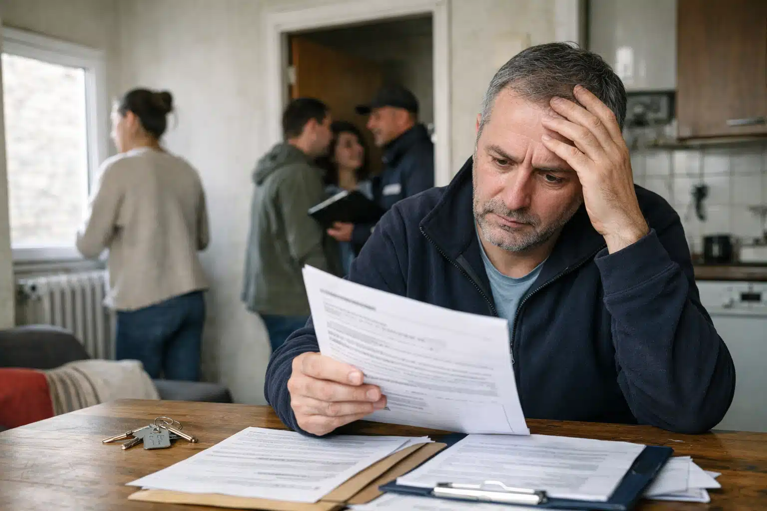 Homme préoccupé lisant des factures à sa table