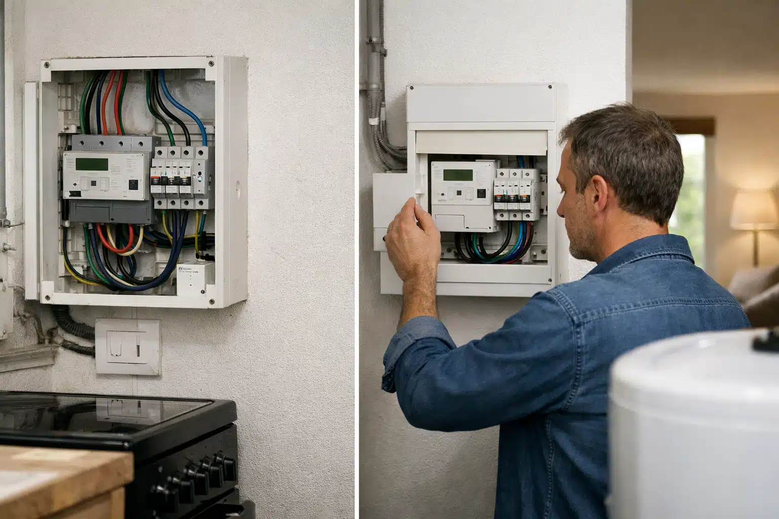 Homme ajustant un compteur électrique mural