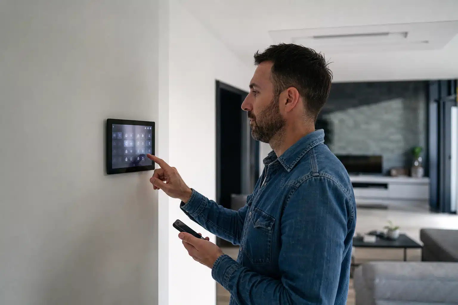 Homme devant panneau tactile mural, smartphone en main