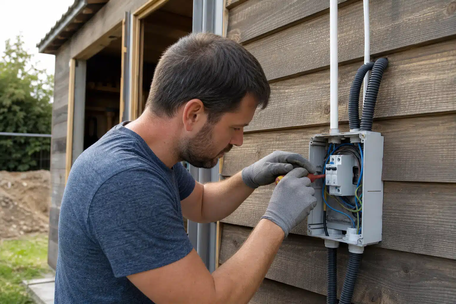 Homme réparant un boîtier électrique extérieur