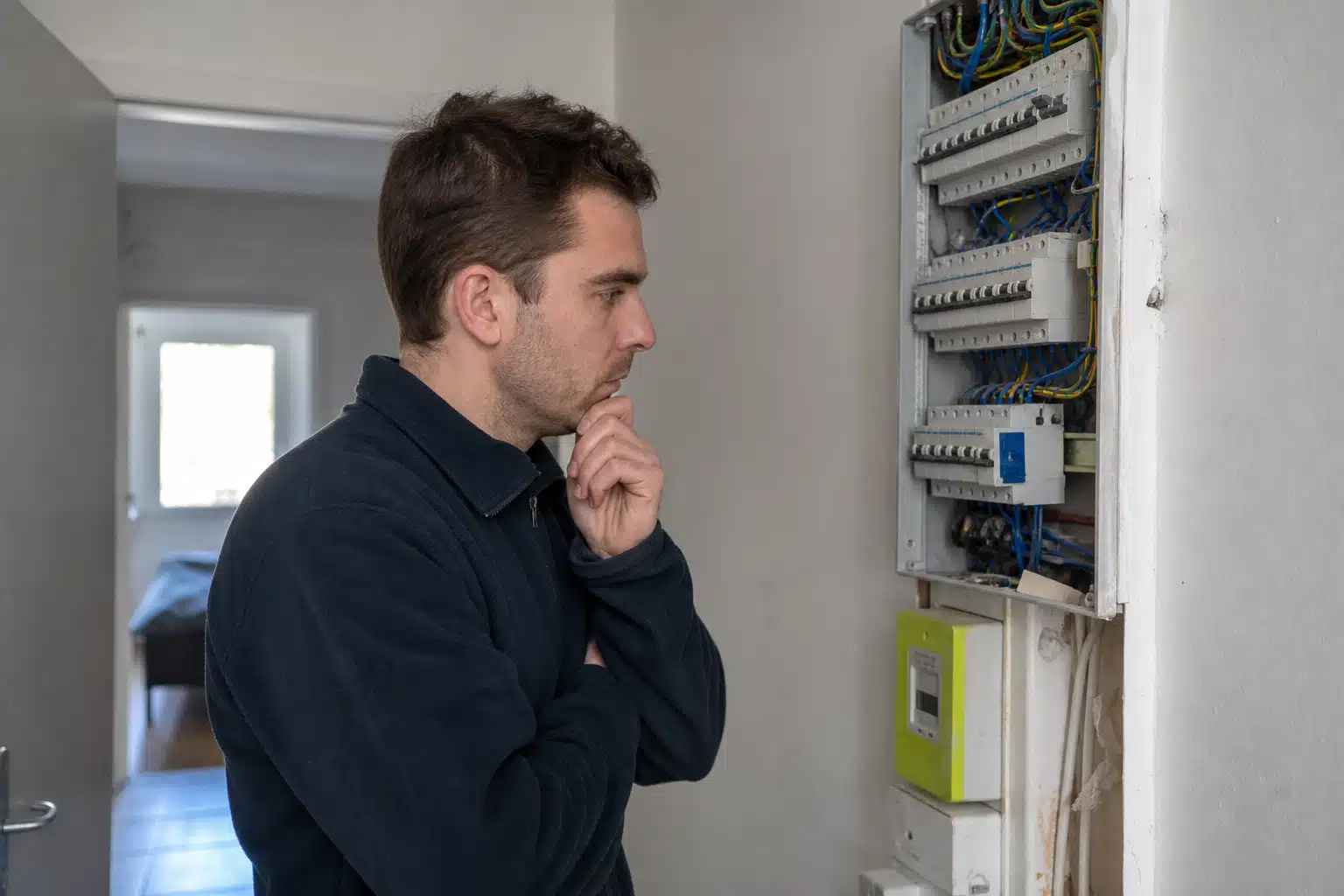 Homme pensif examinant un tableau électrique